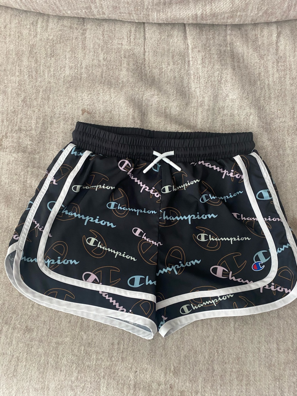Champion Black Shorts with Pastel Logo Print and White Trim